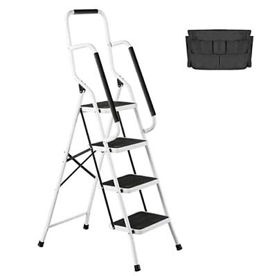 #ad 4 Step Ladder Tool Ladder Folding Portable Steel Frame Max 500 Lbs Nonslip Side $132.59