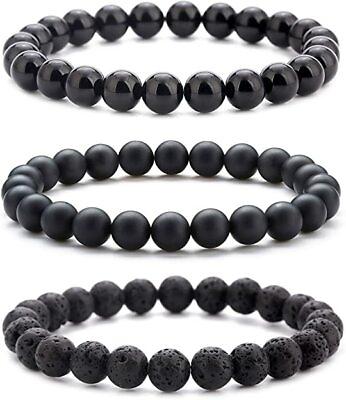 #ad 8MM Lava Stone Black Obsidian Agate Beaded Onyx Healing Men#x27;s Bracelet Set Gift $6.99