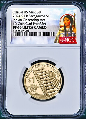 #ad 2024 Sacagawea Indian Citizenship Act PROOF $1 NGC PF69 coin *clad set* Version $23.99