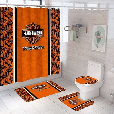 #ad Harley Davidson Motorcycles Shower Curtain Bath Mat Set Bathroom Decor Set $45.99