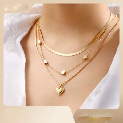 #ad Multilayer Stainless Steel Heart Gold Pendant Necklace Choker Chain Women Gift GBP 2.89