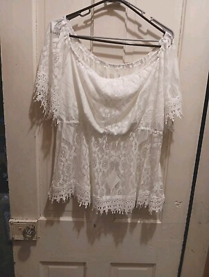 #ad Shein Curve Top Womans Size 2X White Blouse Off Shoulder Embroidery Lace Summer $10.49