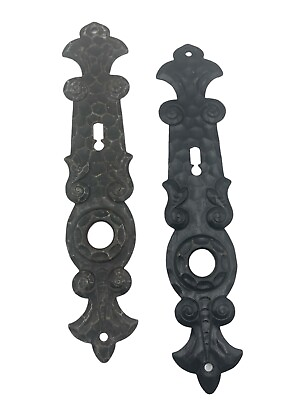 #ad Vtg Hammered Iron Doorknob Back Plates Escutcheon Set of 2 Pair Gothic Fittings $19.99