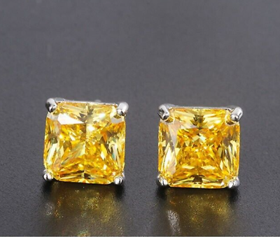#ad 4Ct Princess Cut Yellow Created Citrine Stud Earrings White Gold Plated Silver $19.90