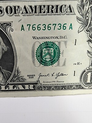 #ad TRINARY FANCY SERIAL NUMBER A76636736A ONE DOLLAR 7S 6S 3S $4.25