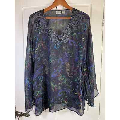 #ad Chico#x27;s Silk Batwing Blouse Womens Medium Large Beaded Embroidered Paisley Sheer $25.00