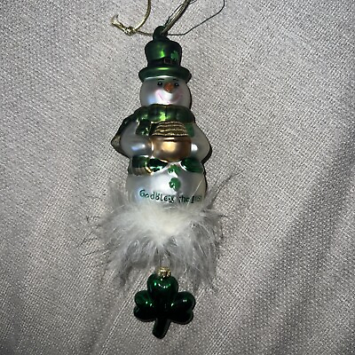#ad “God Bless The Irish” Snowman Glass Double Ornament With Dangle Shamrock $16.99