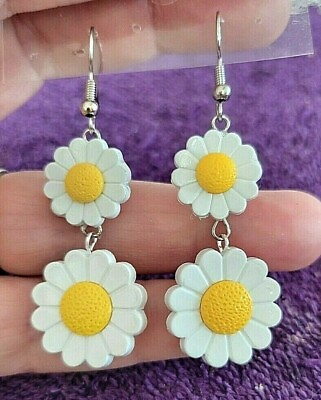 #ad Yellow Double Daisy Flower Power Drop Dangle Hook Earrings Fun Cheerful $3.99