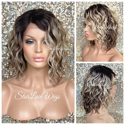 #ad Lace Front Wig Bob Wavy Ash Blonde Ombre Brown Synthetic Blonde Heat Resistant $54.74