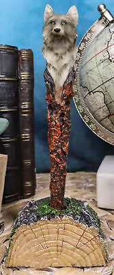 #ad Alpha Gray Wolf Hand Painted Pen With Rustic Tree Bark Holder Stand Figurine $14.99