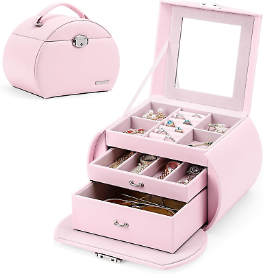 #ad Homde Girls Jewelry Box Pink Storage Case Organizer Faux Leather with Mirror $36.78