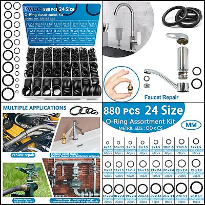 #ad 24 Size Rubber O Ring Set 880 PCS Black O Rings Assortment Kits $14.86