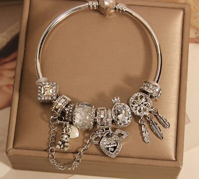#ad Silver snake chain bracelet with love heart angel wings bear dreamcatcher charms $18.00