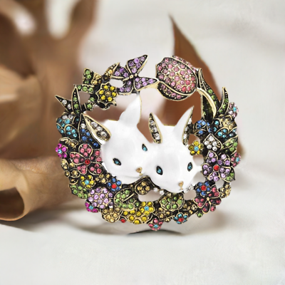 #ad Multicolor Rhinestones Rabbit Brooch Pin Leather Jewelry Pouch Box Included $18.00