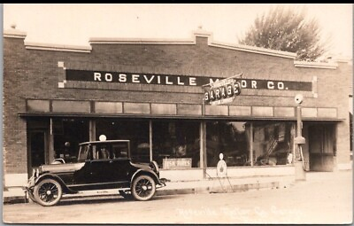 #ad ROSEVILLE Illinois RPPC Photo Postcard ROSEVILLE MOTOR CO. Garage Gas Pump $74.98