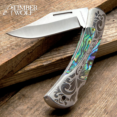#ad Timber Wolf Fancy Gents Abalone Lockback Pocket Knife Folder TW1164 440 7.60quot; OA $25.99