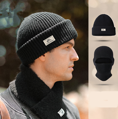 #ad Black Men#x27;s Beanie Hat Winter Warm Thick Thermal Knit 2 in 1 Adjustable Ski Cap $16.14