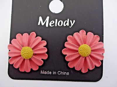 #ad Daisy Earrings Pink Yellow Center Pierced Ears Metal Post Plastic Back $10.99
