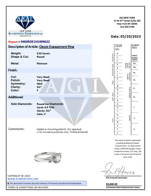 #ad 1ct F SI1 Round Cut Natural Certified Diamonds 950 Plat. Classic Engagement Ring $1855.70