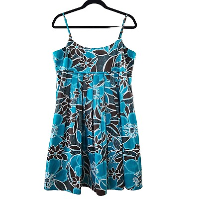 #ad Womens 12 Cotton Turquoise Floral Sleeveless Pleated Lined Babydoll Mini Dress $33.00