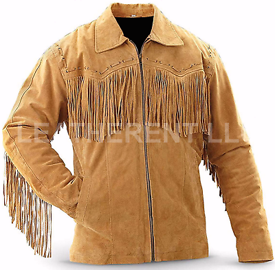 #ad Men#x27;s Cowboy Western Leather Jacket Coat with Fringe Native American Jacket $116.98