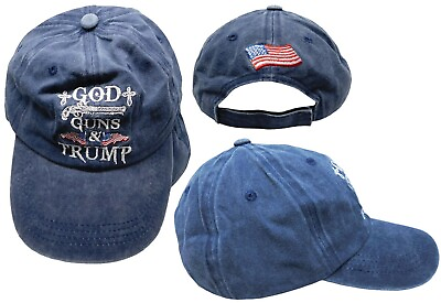 #ad God Guns amp; Trump 2024 USA Navy Blue Washed Adjustable Embroidered Cap Hat $11.88