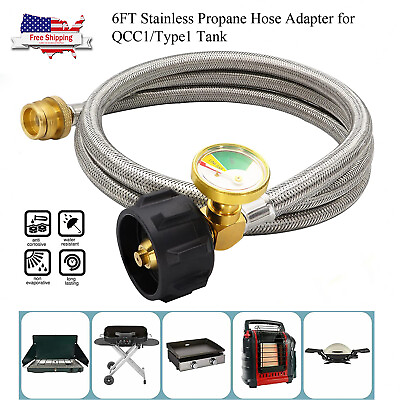 #ad 6FT Stainless Propane Hose Adapter With Guage 1 lb to 20 lb for QCC1 Type1 Tank $23.99