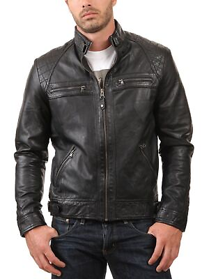 #ad New Leather Jacket Mens Biker Motorcycle Real Leather Coat Slim Fit Black #1158 $118.00