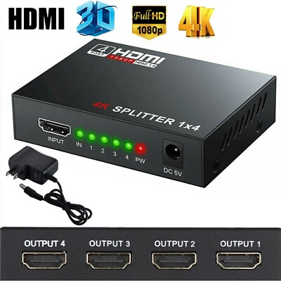 #ad HD 4K 4 Port HDMI Splitter 1x4 Repeater Amplifier 1080P 3D Hub 1 In 4 Out $7.81