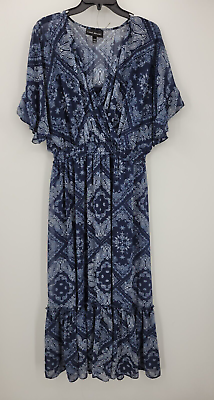 #ad Lane Bryant Dress Womens 14 16 Blue Scarf Print Ruffle Hem Bell Sleeve Flowy $22.32