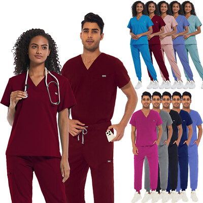 #ad Unisex Stretch Nurse Medical Uniform Scrub Set Men Women V Neck Top Jogger Pant $23.99