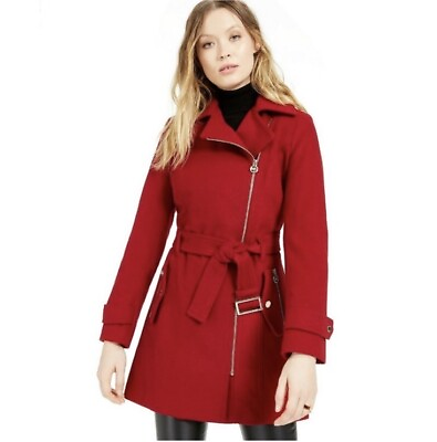 #ad Michael Kors $275 Red Belted Wool Blend Peacoat Women Jacket Asymmetrical Zipper $125.00