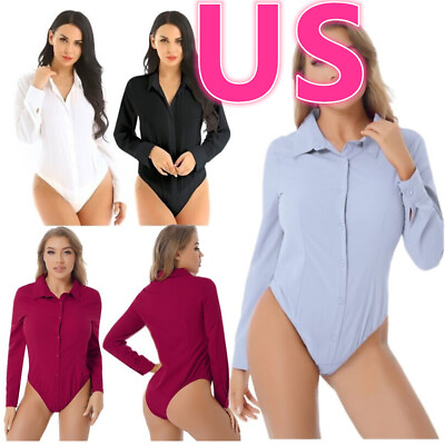 #ad US Womens Long Sleeve Button Down Shirt Casual Easy Care Shirt Leotard One Piece $15.76