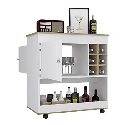 #ad Bar Cart Lower Panel Six Bottle Cubbies One Cabinet Light Oak White Finish $195.65