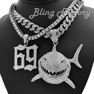 #ad Iced Shark amp; 69 6ix9ine Pendant amp; 20quot; Iced Cuban amp; 1 Row Chain Bling Necklace $76.99