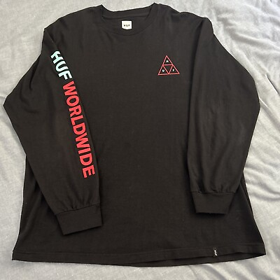 #ad Huf SF Long Sleeve T Shirt Mens L Crew Neck Black Triangle Pattern $14.99