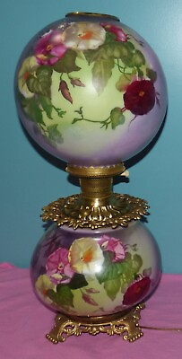 #ad Beautiful Vintage GWTW Painted Floral Electric Table Lamp Bright Colors Purple $310.00