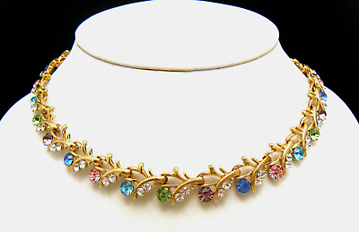 #ad Gorgeous Vintage Pastel Rhinestone Adjustable Choker Necklace Gold Tone $44.99