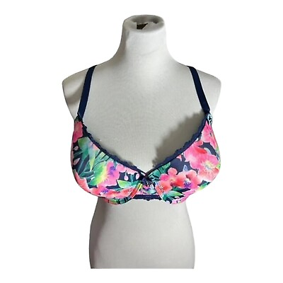 #ad Smart amp; Sexy Lace Trim T Shirt Bra Women#x27;s Size 42DD Blue Floral Underwire $11.69