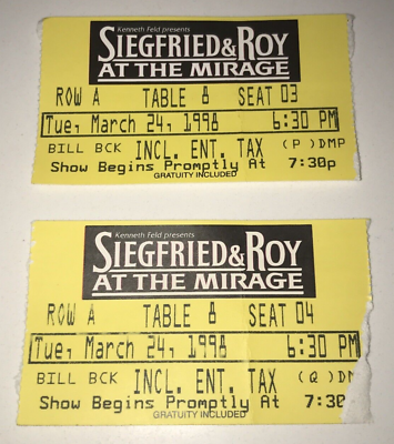 #ad 3 24 98 Siegfried amp; Roy at the Mirage Las Vegas Nevada Tiger Show Ticket Stub $14.99