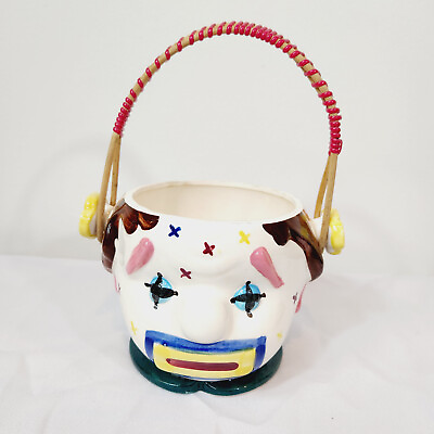 #ad Vintage Hobo Clown Head Bowl Planter with Removable Wrapped Bamboo Handle Japan $15.00