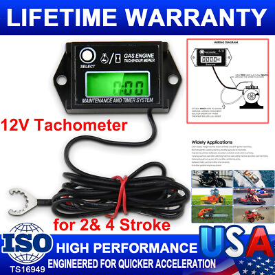 #ad 12V Tachometer Tiny Tach Hour Meter for 2amp; 4 Stroke Small Engine Motorcycle Boat $21.89