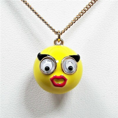 #ad Betsey Johnson Smiley Emoji Pendant Necklace Yellow Enamel Gold Tone Chain Flaw $28.00