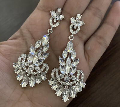 #ad 2.75quot; Long Silver Clear White Bridal Rhinestone Marquise Pageant Crystal Earring $16.00