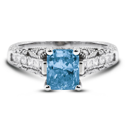 #ad 2.24 CT Blue SI2 Radiant Natural Diamonds 14k Vintage Style Accent Ring $3815.00
