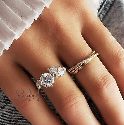 #ad 2 Ct Round Brilliant Cut Cluster Moissanite Engagement Ring Solid 14K White Gold $214.14