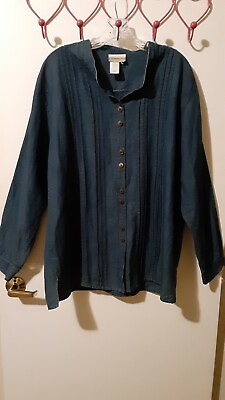 #ad Cold Water Creek XL Blue Denim Button Up Pleated Front Blouse Long Sleeved $13.50