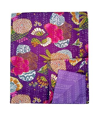 #ad Indian Handmade Floral Kantha Quilt Reversible Bedspread Queen Cotton $51.08