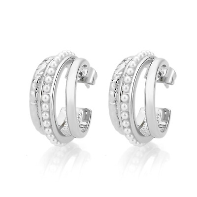 #ad Women Pearl C Shape Stud Rhodium Plated Dangle Wedding Fashion Jewelry Gift $55.80