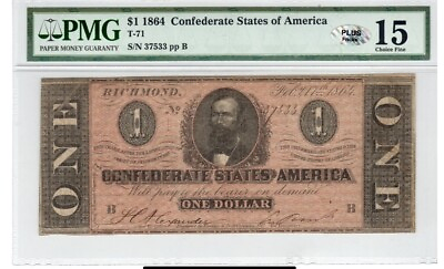 #ad T 71 $1 1864 Confederate States Currency Banknote Civil War Money PMG Ch F 15 $149.99